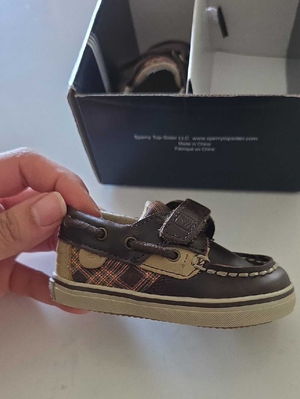 Sperry Kids Brown and Tan Plaid Moccasin Boat Shoe